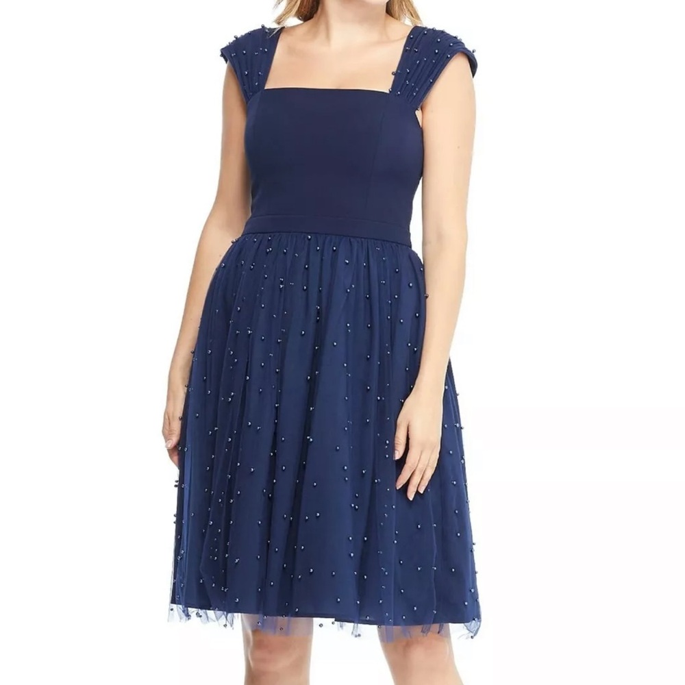 NWT Navy Blue Sleeveless Midi Cocktail Dress with Embellished Blue Pearls